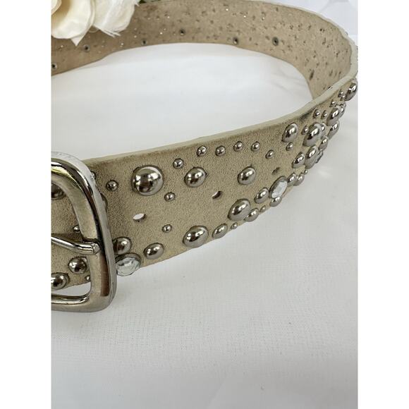 Genuine Suede Beige Studded Rhinestone Belt Women’s Small Silver Embellished - Picture 4 of 7